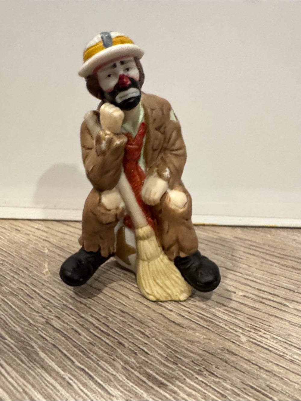 Ceramic Clown Figurine with Broom - Brown, Yellow, Black